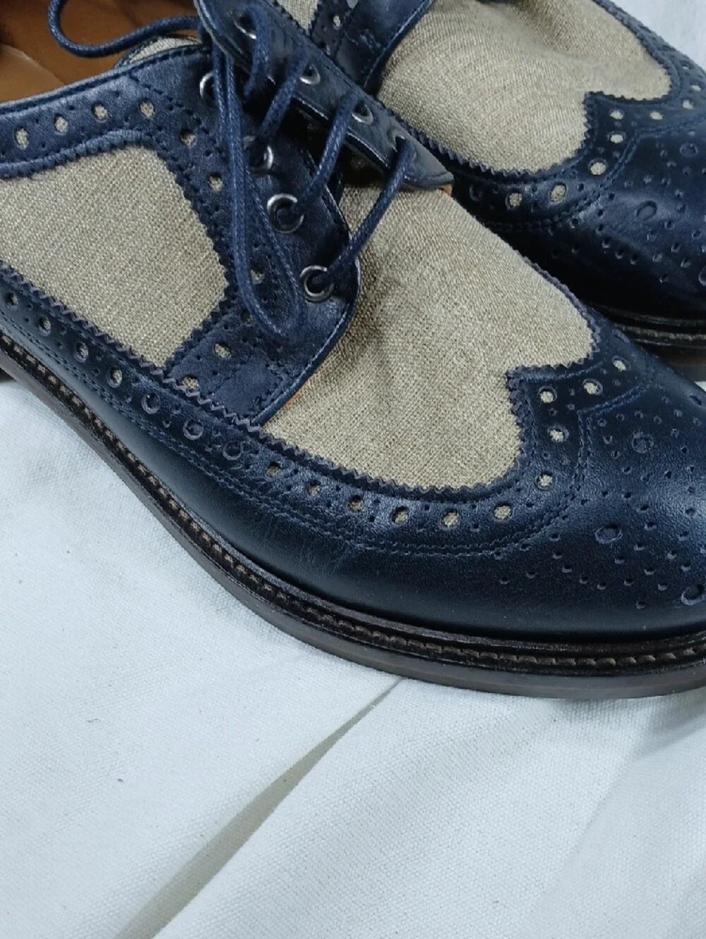 Zara Navy Leather and Beige Canvas Wingtip Derbys